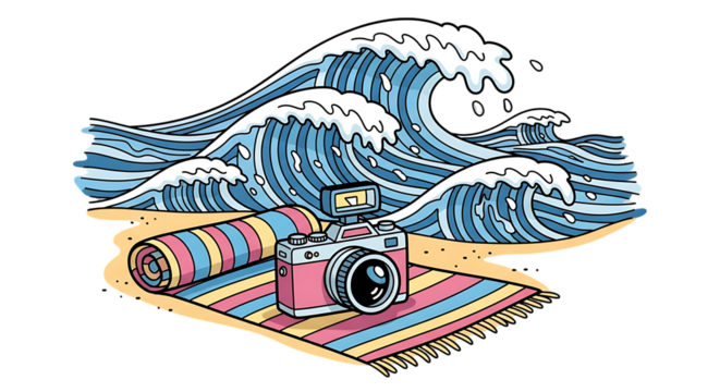 Summer beach scene with retro camera and vibrant waves creating vacation mood