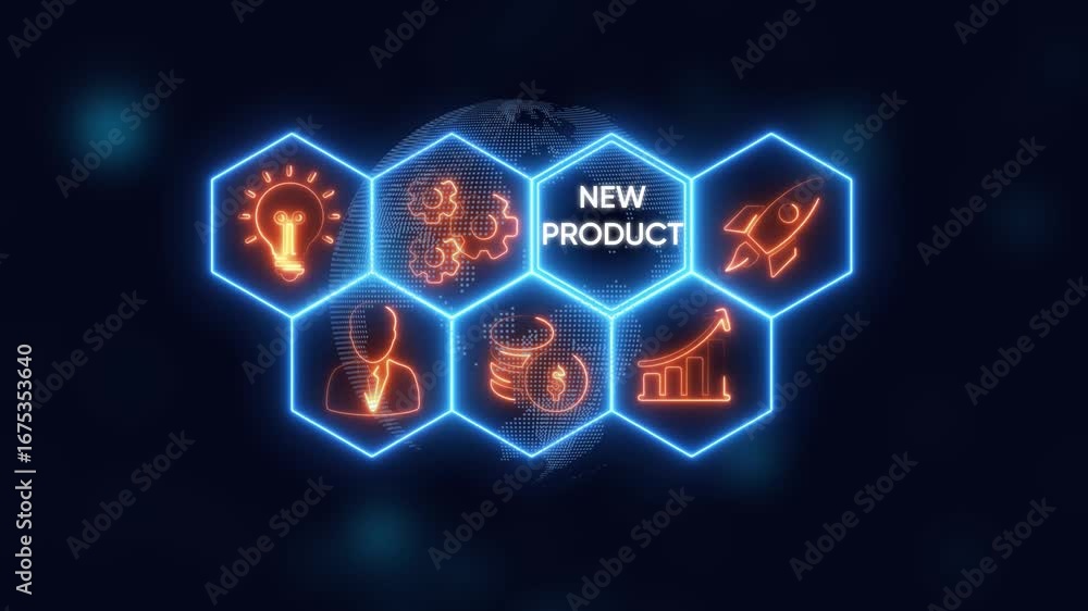 Poster new product launch concept with glowing neon icons in hexagons on a digital globe background busines