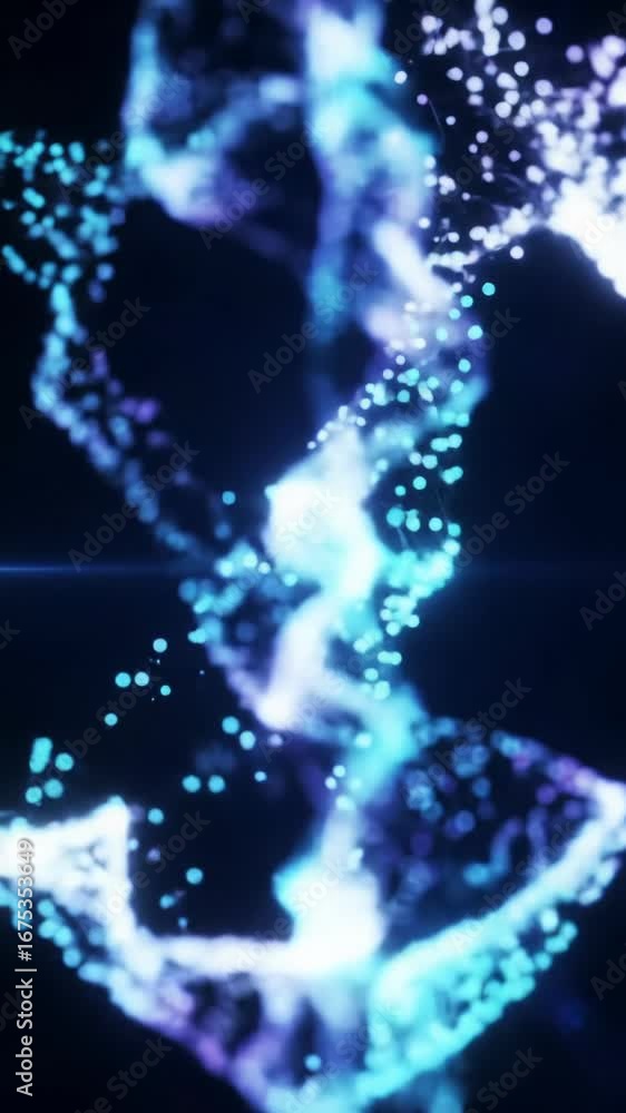 Aufkleber mesmerizing video of iridescent cyan, violet, white digital particles flowing in a dark void, formin