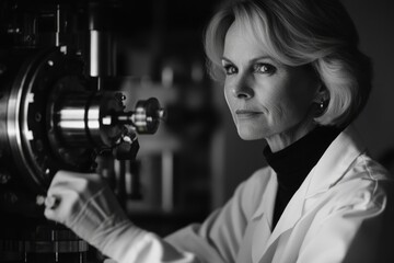 A female scientist, focused and serious, operates complex laboratory equipment, showcasing dedication to scientific research.