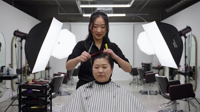 Hairdresser Cutting Short Hair on Asian Woman in Beauty Salon