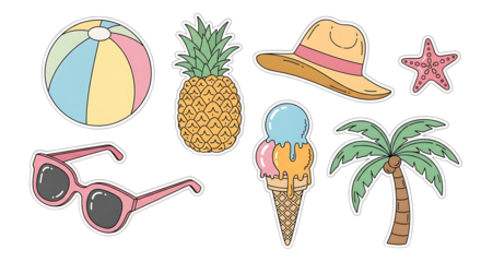 Vibrant Summer Holiday Icons Set with Retro Cartoon Style and Dreamy Colors