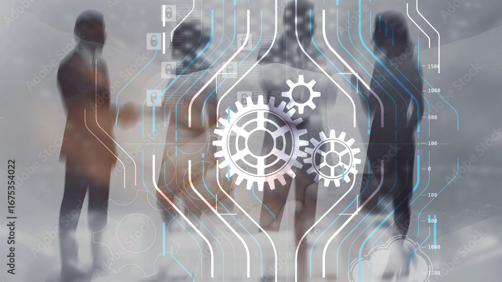 Poster business process automation concept with mechanical gears and digital icons on abstract blue backgro