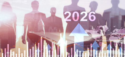 Business growth concept with office worker silhouettes against abstract rising arrows and 2026 year