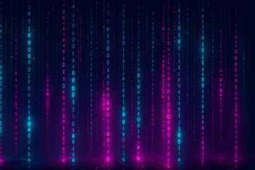 Abstract falling binary code in cyan and magenta on dark background, digital rain effect, ideal tech backdrop for programming, cybersecurity themes, fintech decks, and websites.