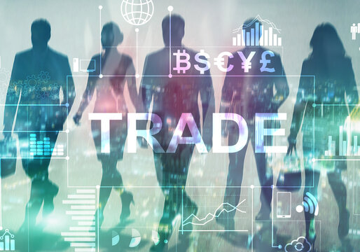 Trade. Business people discussing trade and finance with graphs, charts. Currency symbols global market investment