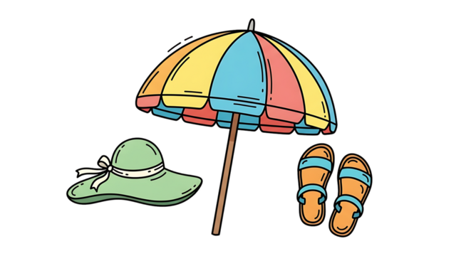 Colorful beach essentials: an umbrella, a hat, and sandals for vacation escape