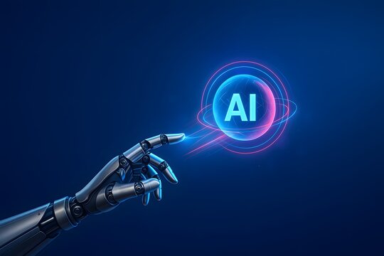 Robotic hand reaching toward glowing AI sphere with neon rings, deep blue studio lighting, futuristic technology concept for innovation articles, marketing visuals, headers, and presentations.