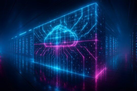 "Futuristic cloud computing server room with neon blue and pink digital network connections and big data technology infrastructure