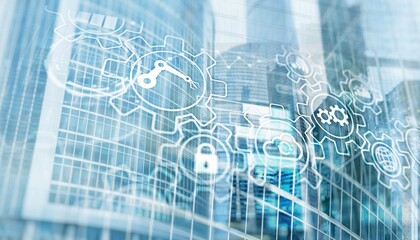 Gear icons on city background. RPA Robotic Process Automation