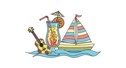 Colorful summertime beach vacation graphic featuring a cocktail, sailboat and