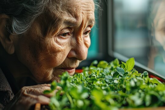 An elderly woman with wrinkled face gently inhales the scent of fresh green sprouts near a window.