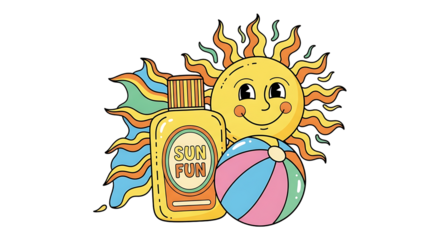 Groovy summer vibes with retro sun character and lotion bottle artwork