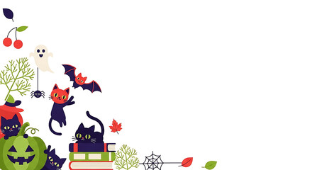 Whimsical halloween illustration featuring cheerful cats bats and playful ghosts