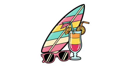 Summertime vacation mood with surfboard, cocktail and shades on dark backdrop