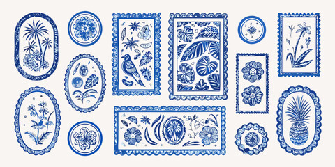 Collection of decorative blue and white frames featuring tropical plants flowers birds and a pineapple