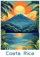 Editable vector art of volcano and lake in Costa Rica © Lela