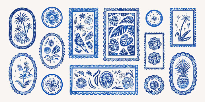 Collection of decorative blue and white frames featuring tropical plants flowers birds and a pineapple