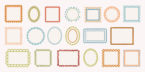 Collection of decorative colorful and playful hand drawn frames and borders with various shapes and scalloped edges
