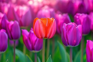 Close-up of a vibrant orange tulip surrounded by multiple purple tulips in a sunlit garden, evoking a sense of fresh spring beauty
