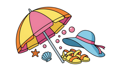 Colorful Beach Day Essentials Cartoon for Summer Vacation Illustrations