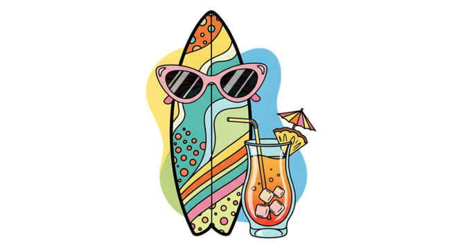 Vibrant summer vibes with surfboard, sunglasses, and a tropical cocktail