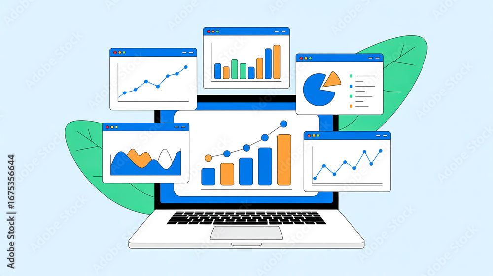 Fototapete flat design laptop illustration with multiple floating interactive data visualization windows