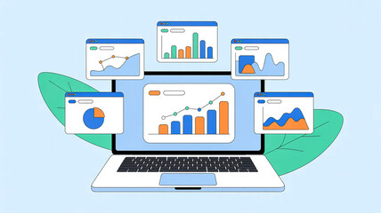 Flat design laptop illustration with multiple floating interactive data visualization windows