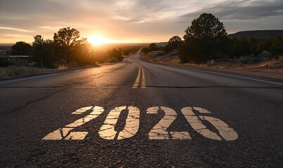 Journey towards a hopeful new year, with the number 2026 painted on an open road at sunrise.
