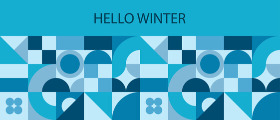 Abstract blue geometric background. Vector illustration. Circles, squares and triangles on a blue background. Horizontal banner with space for text. Rectangular template for design decoration.