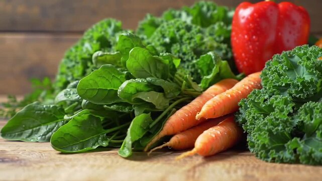 Fresh Harvest: An assortment of fresh vegetables, including vibrant kale, spinach, carrots, and a ripe red bell pepper, artfully arranged to highlight the bounty of nature and promote healthy eating.