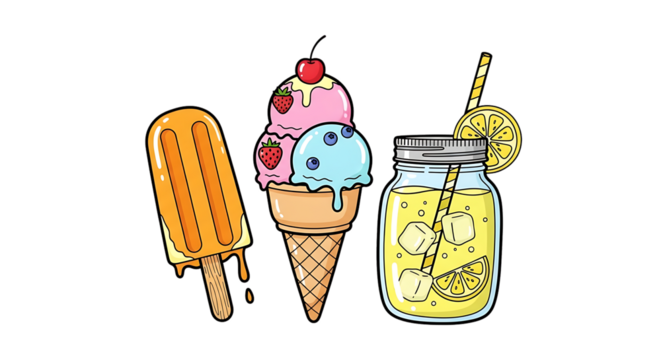 Delightful dessert lineup featuring ice cream cone popsicle and lemonade jar
