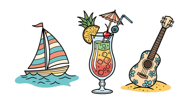 Illustrative tropical vacation elements with sailboat, cocktail and ukulele