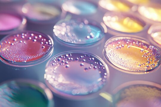 Close-up of petri dishes with colorful liquids and bubbles, suggesting a scientific experiment or research in a lab. - Powered by Adobe