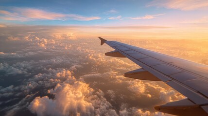 Fototapeta premium Spectacular Aerial View of Airplane Wing Above Clouds at Sunset