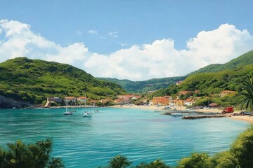 Obraz premium Scenic coastal village nestled between green hills with clear turquoise water, small boats anchored near the shore, peaceful beach, and bright blue sky with fluffy clouds
