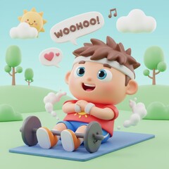 A playful 3D cartoon kid mascot, doing sit-ups on a mat, cheerful and motivated