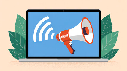 Flat design laptop illustration, megaphone, WiFi icons, digital communication