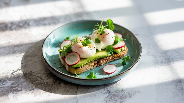Modern minimal food styling shot of avocado toast poached eggs radish slices microgreens arranged neatly on a ceramic plate The plate sits on a light concrete surface with soft natural side lighting