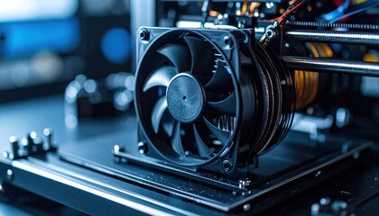 3D Printer Cooling Fan CloseUp with Technology, Electronics, and Blue.