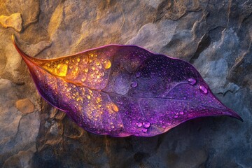 A vibrant purple and gold leaf, glistening with dew, rests on a textured stone surface.