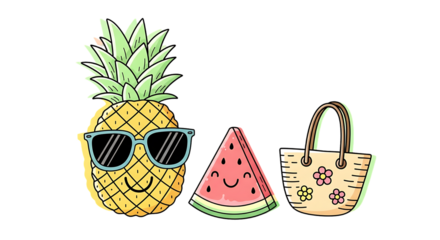 Playful Summer Vacation Vibes: Cartoon Pineapple with Sunglasses and Watermelon