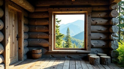 Rustic Cabin Interior with Panoramic Mountain View Through a Large Window, Wooden Floor, and Simple Rustic Decor