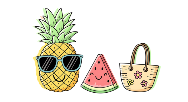Playful Summer Vacation Vibes: Cartoon Pineapple with Sunglasses and Watermelon