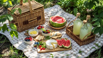 Bright summer picnic flat lay gingham blanket wicker basket sliced watermelon bowl of mixed berry cheese cracker lemonade glass bottle sunlight filter through tree leaf creating dappled light across