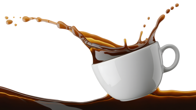 Dynamic coffee splash from white cup against black background, vibrant energy
