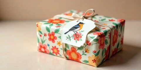 A charming gift, delicately wrapped in floral paper and tied with a ribbon, features a small bird on a tag