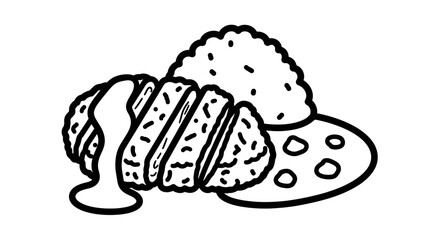 A delicately drawn, black and white outline of a meal showcases culinary delights