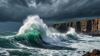 Obraz premium Powerful ocean waves crash against rugged cliffs under a dramatic stormy sky