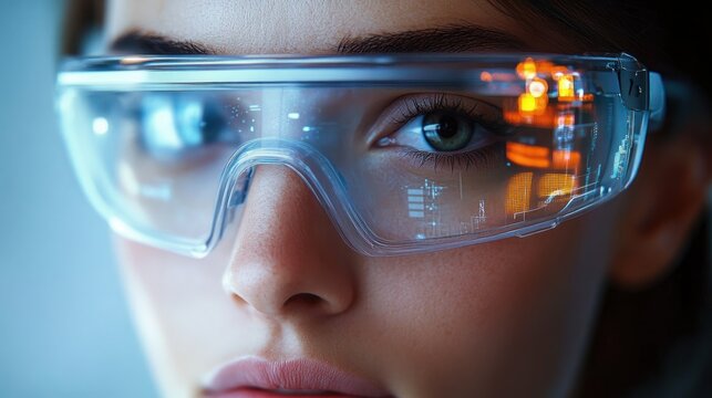 Close-up of a woman wearing transparent futuristic smart glasses with digital holographic data displays reflecting on the lenses, conveying focus and innovation